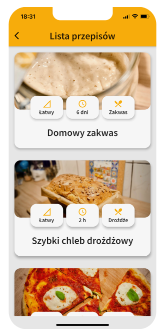 Ekran aplikacji z listą sprawdzonych przepisów